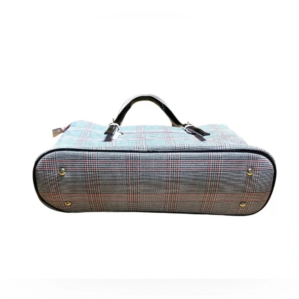 Plaid Tote Laptop Bag with Pale Pink Bow Accent